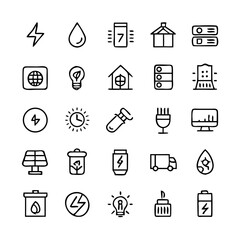 Energy saving and efficiency editable stroke outline icons set isolated on white background flat vector illustration. Alternative energy sources vector linear icons set. Ecology renewable energy .