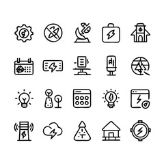 Energy saving and efficiency editable stroke outline icons set isolated on white background flat vector illustration. Alternative energy sources vector linear icons set. Ecology renewable energy .
