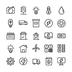 Energy saving and efficiency editable stroke outline icons set isolated on white background flat vector illustration. Alternative energy sources vector linear icons set. Ecology renewable energy .