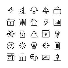 Energy saving and efficiency editable stroke outline icons set isolated on white background flat vector illustration. Alternative energy sources vector linear icons set. Ecology renewable energy .