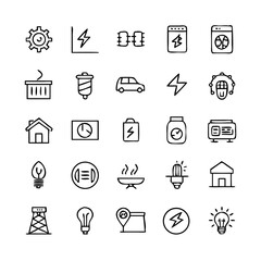 Energy saving and efficiency editable stroke outline icons set isolated on white background flat vector illustration. Alternative energy sources vector linear icons set. Ecology renewable energy .