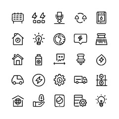 Energy saving and efficiency editable stroke outline icons set isolated on white background flat vector illustration. Alternative energy sources vector linear icons set. Ecology renewable energy .