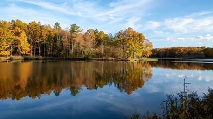 Fototapeta premium Autumnal Lake Scene With Colorful Trees Reflecting On Calm Water Surface Under Blue Cloudy Sky