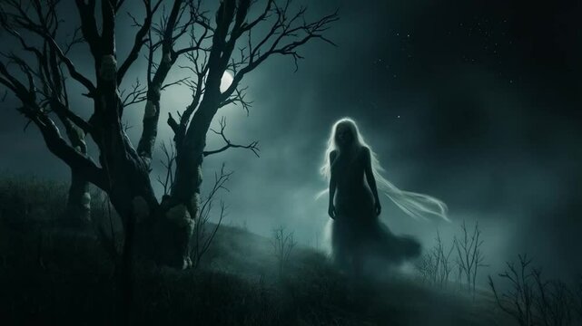 A ghost stood silently by the withered tree, shrouded in a chilling, horror-filled atmosphere.
