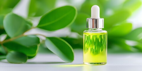 Essential Oil Bottle with Green Leaves
