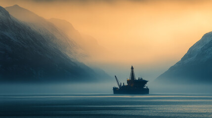 Oil platform silhouetted against dramatic natural scenery, highlighting energy extraction in remote areas