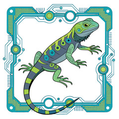 A bioluminescent, reptilian creature with intricate alien glyphs, nestled within a complex microchip circuit; vibrant, futuristic sci-fi aesthetic.