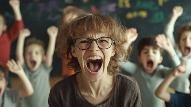 Unfiltered Outburst: An elementary school teacher's uninhibited scream is captured amid a chorus of equally spirited children. The image is a raw expression of overwhelming emotion.
