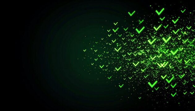 A vibrant design featuring green check marks scattered against a dark background, suggesting positivity and confirmation