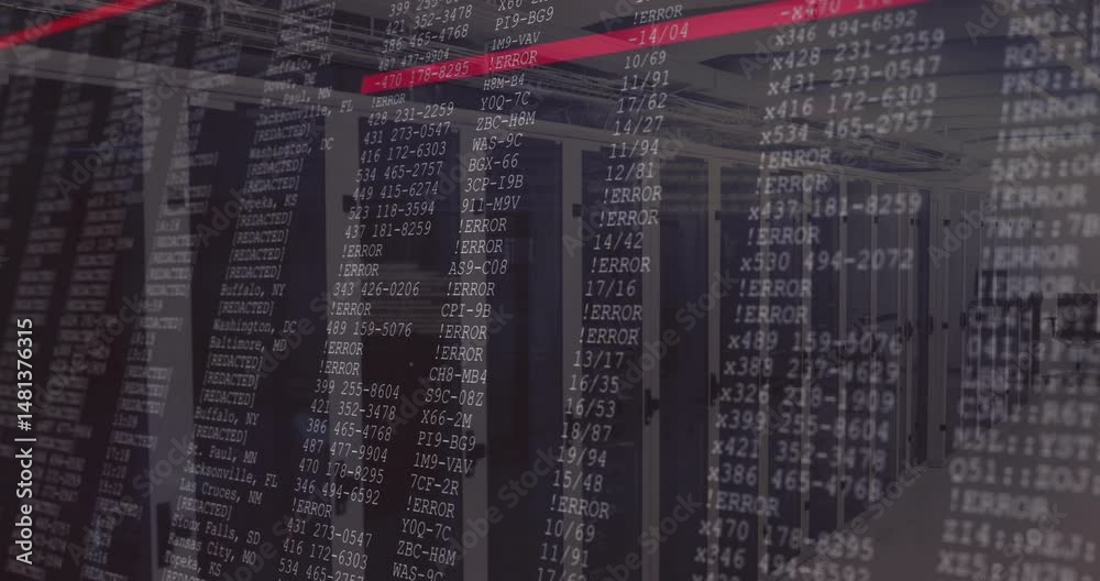 Poster semi-transparent overlay showing error messages on screen marking red error row over server racks