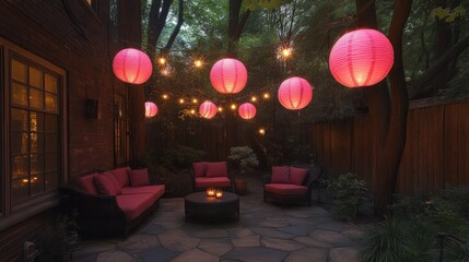 Elegant backyard patio at dusk, illuminated by pink lanterns