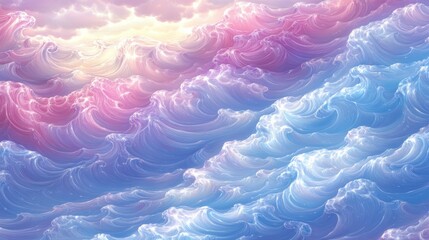 Obraz premium Ethereal Seascape of Pink and Blue Waves Gentle Ocean Pattern Flowing Water Surface with Soft Clouds Abstract Art