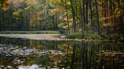 Autumnal Scene Of Forest Trees Reflected In A Still Lake Water With Colorful Leaves