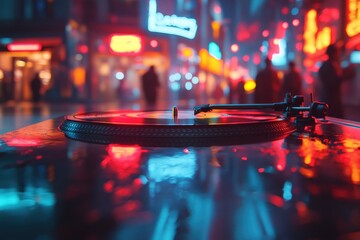 Night city street scene, illuminated by vibrant neon lights reflecting on a turntable