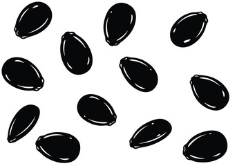 Watermelon seed silhouette. The image shows black silhouettes of watermelon seeds, small, flat, and oval, often found within the juicy fruit. Vector clipart illustration design.