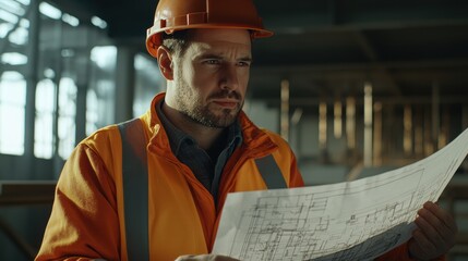 Focused structural engineer reviews blueprint at construction site against blurred background careful check of infrastructure