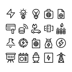 Energy saving and efficiency editable stroke outline icons set isolated on white background flat vector illustration. Alternative energy sources vector linear icons set. Ecology renewable energy .
