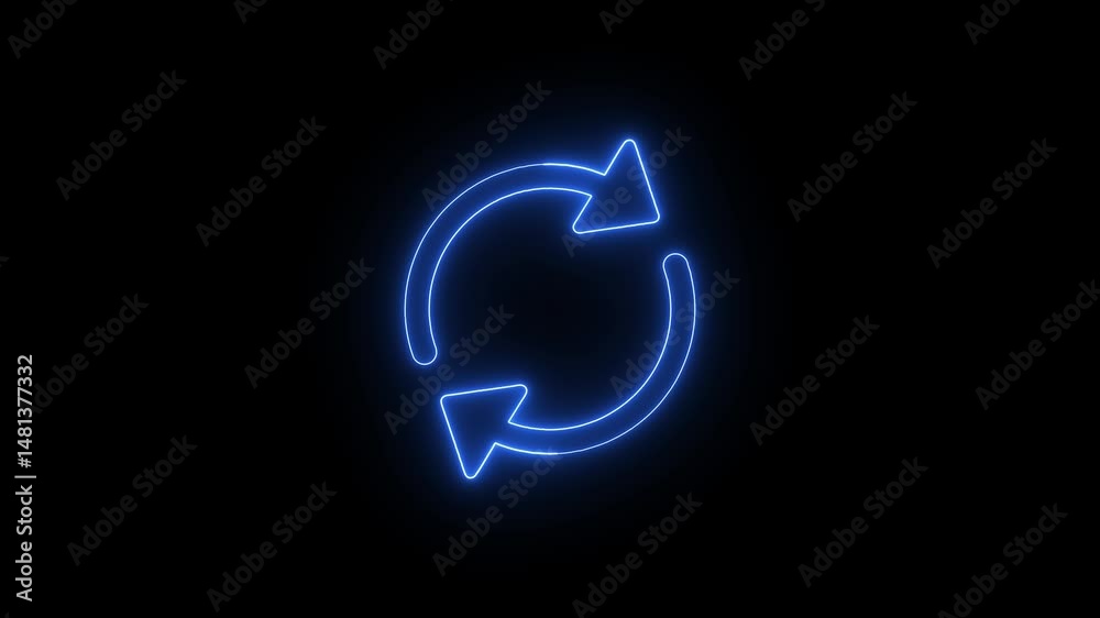 Poster neon blue animated refresh or retry symbol isolated on black background representing process and loo