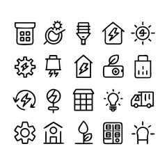 Energy saving and efficiency editable stroke outline icons set isolated on white background flat vector illustration. Alternative energy sources vector linear icons set. Ecology renewable energy .