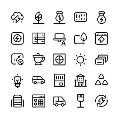 Energy saving and efficiency editable stroke outline icons set isolated on white background flat vector illustration. Alternative energy sources vector linear icons set. Ecology renewable energy .