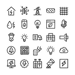 Energy saving and efficiency editable stroke outline icons set isolated on white background flat vector illustration. Alternative energy sources vector linear icons set. Ecology renewable energy .