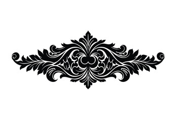 Decoration silhouette. The image shows an ornate black silhouette of a decorative flourish with floral and scrolling elements, reminiscent of vintage designs. Vector clipart illustration design.