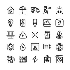 Energy saving and efficiency editable stroke outline icons set isolated on white background flat vector illustration. Alternative energy sources vector linear icons set. Ecology renewable energy .