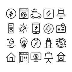 Energy saving and efficiency editable stroke outline icons set isolated on white background flat vector illustration. Alternative energy sources vector linear icons set. Ecology renewable energy .