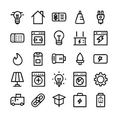 Energy saving and efficiency editable stroke outline icons set isolated on white background flat vector illustration. Alternative energy sources vector linear icons set. Ecology renewable energy .