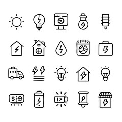 Energy saving and efficiency editable stroke outline icons set isolated on white background flat vector illustration. Alternative energy sources vector linear icons set. Ecology renewable energy .