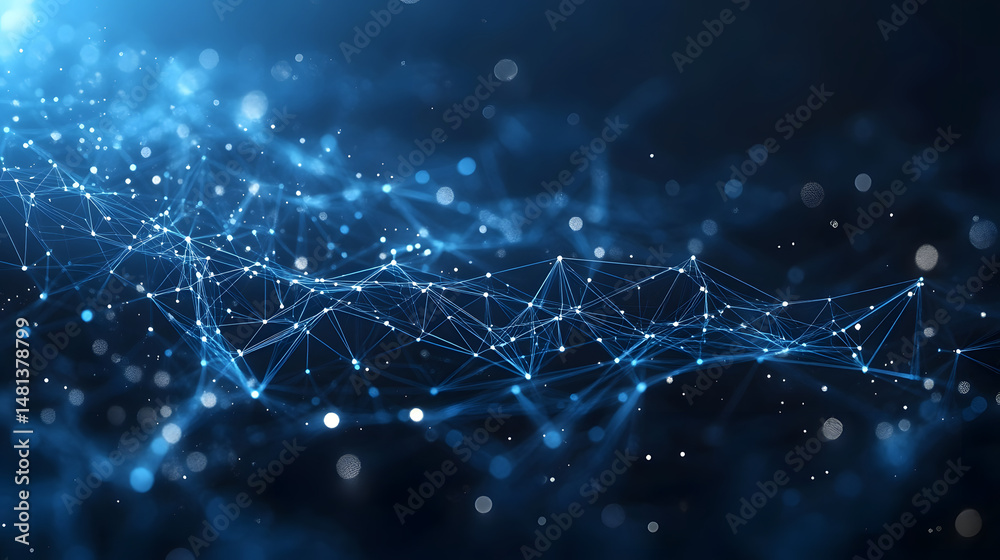 Leinwandbilder Modern technology background showcasing a complex network. Interconnected nodes glow against a dark backdrop, symbolizing digital connectivity and innovation. Abstract wireframe in dark blue.