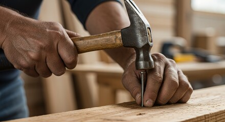Hammer driving nail into wood