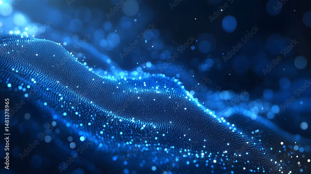 Aufkleber Dynamic blue abstract with sparkling dots and bokeh. Evokes data, energy, and digital landscapes. Perfect for tech and science themes. Abstract wireframe in dark blue.