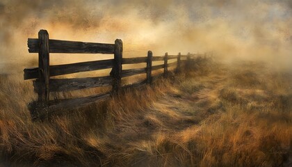 Fototapeta premium Rustic wooden fence leading through a misty field at dawn.