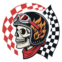 A detailed illustration of a human skull wearing a biker helmet engulfed in vibrant, realistic flames.  Focus on skull detail and flame intensity.