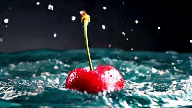 A red cherry is falling into a pool of water