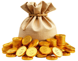 A burlap sack filled with gold coins