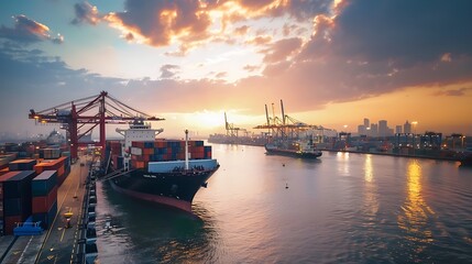 Obraz premium Cargo Ship Docked At Harbor During Sunset Golden Hour With Containers And City View