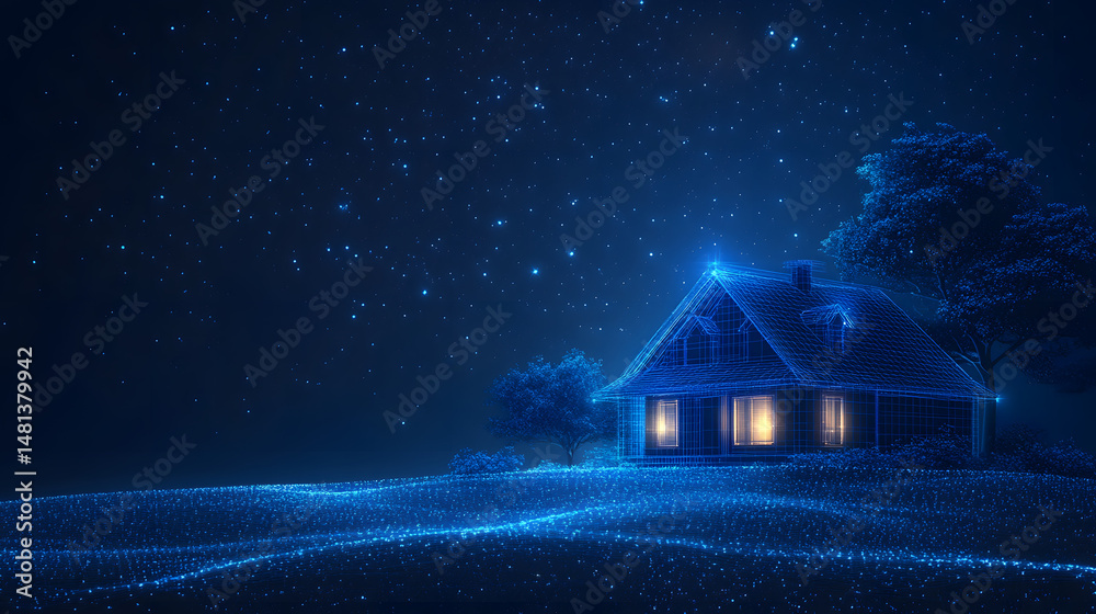 Fototapete Futuristic blue wireframe house glows warmly on a grid field beneath a starry sky. Abstract wireframe design with trees evokes calm and innovation. Abstract wireframe in dark blue