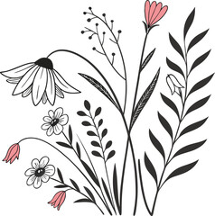 Hand Drawn Wildflower Meadow with Ladybug – Botanical Spring Nature Illustration in Vintage Doodle Style