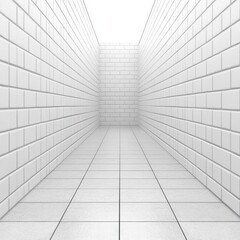 Empty white tiled hallway.  Perspective, clean, minimalist
