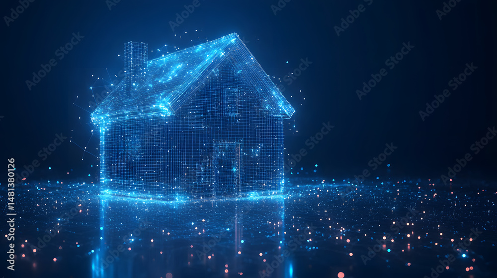 Aufkleber futuristic smart home concept with a luminous wireframe house floating over a reflective surface. di