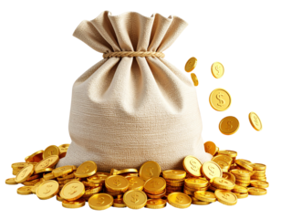 A canvas money bag overflowing with gold coins