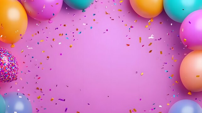 Colorful balloons and confetti on a vibrant pink background.