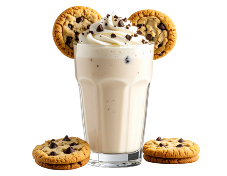 Creamy milkshake topped with whipped cream and chocolate chip cookies