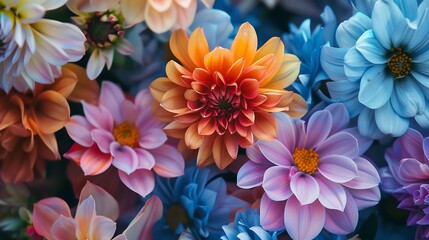 Obraz premium Close Up Arrangement of Vibrant Colorful Flowers with Detailed Petals and Soft Lighting
