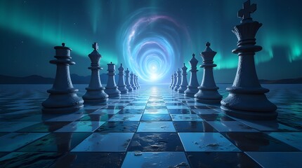 A surreal chessboard scene including a cosmic vortex
