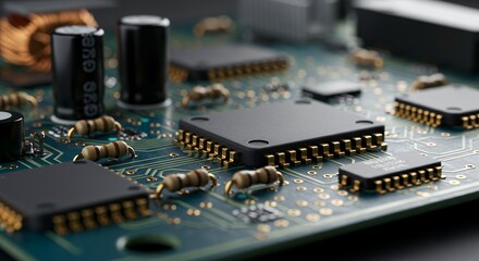 Electronic Circuit Board with Microchips Resistors and Capacitors