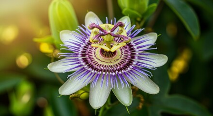 Exotic passion flower in full bloom displaying intricate details and vivid colors