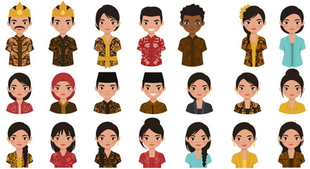 Cartoon Indonesian People in Traditional Clothing with Batik and Headwear